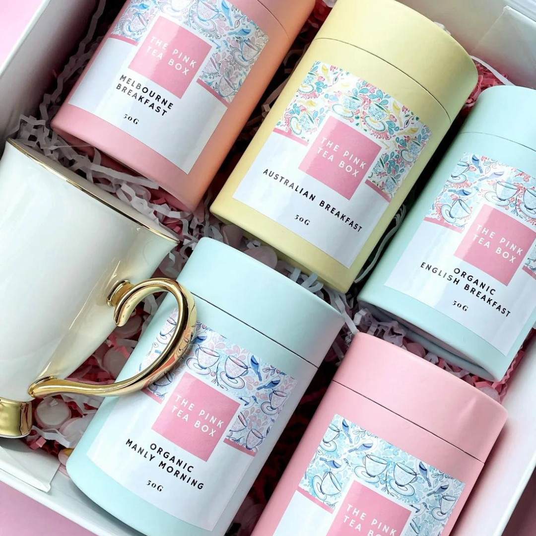 a gift back with a selection of morning teas from the pink tea box and a white bone china mug