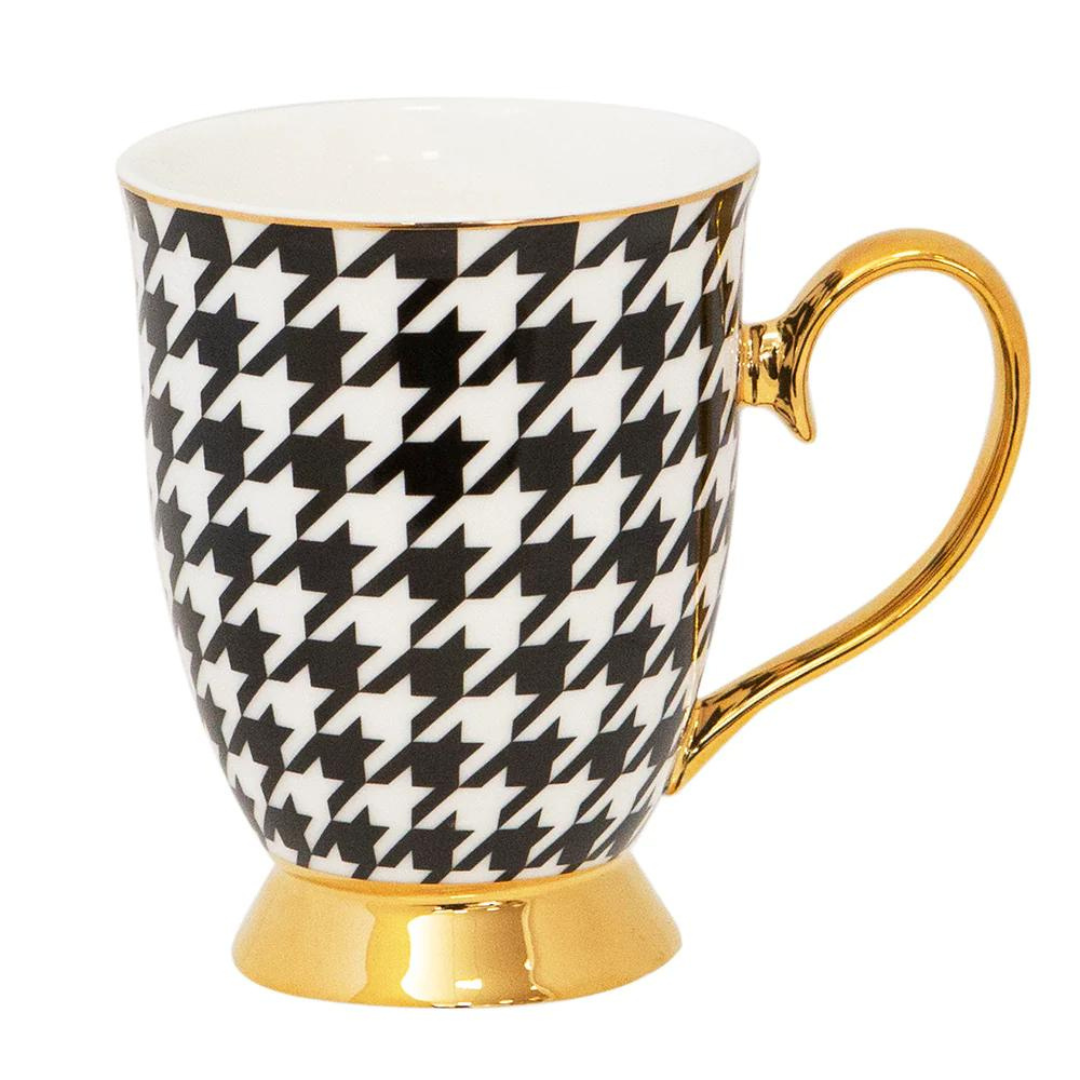 Stylish Houndstooth Mug with Signature Gift Box - Vegan-friendly New Bone China mug with 24ct gold trimmings. Ideal for High Tea and designed to be a timeless collectible. Size: 300mL. Hand-washing recommended. Not microwave safe.