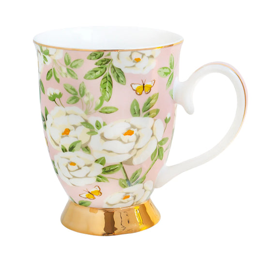 Cristina Re mug with delicate Peony flowers and butterfly pattern and gold trim