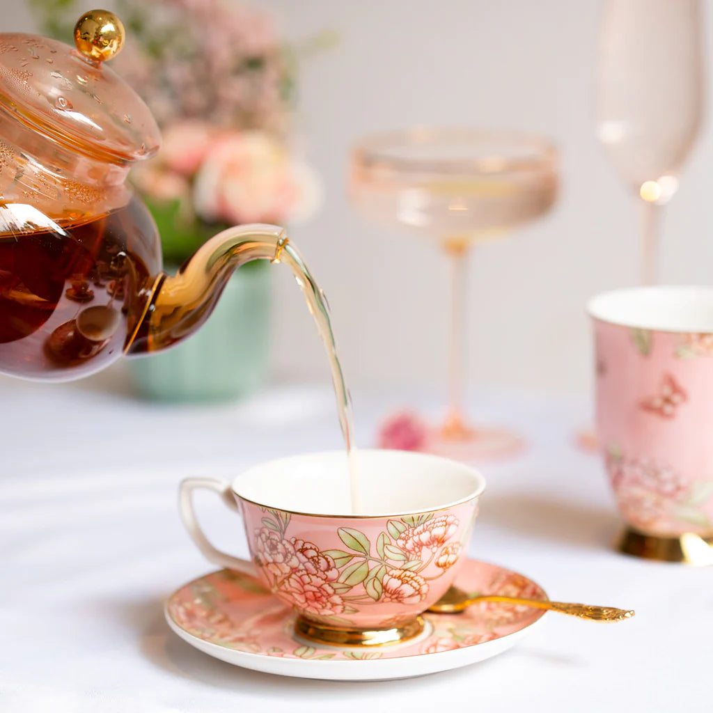 Pretty pink bone china Cristina Re butterfly cup and saucer.  